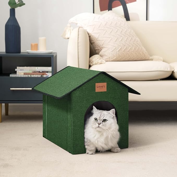 Love's cabin Outdoor Cat House Weatherproof, Insulated Feral Cat House Outdoor for Winter, Waterproof Outside House for/Indoor Cats, Shelter with Removable Soft Cushion,Green