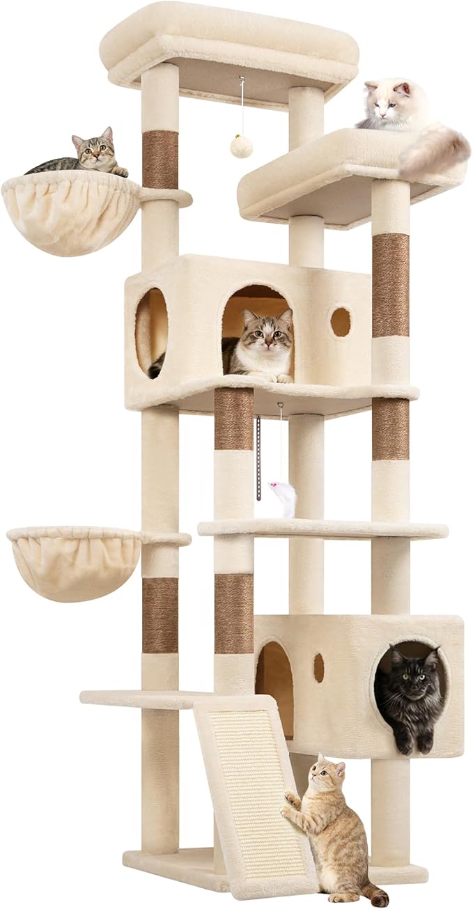 Globlazer 77" Cat Tree for Large Cats, Tall Cat Tower with Scratching Board & Thickened Stable Base, Skin-Friendly Multi-Level Activity Center for Multi-Cat Household, Maine Coon, S77C,Beige
