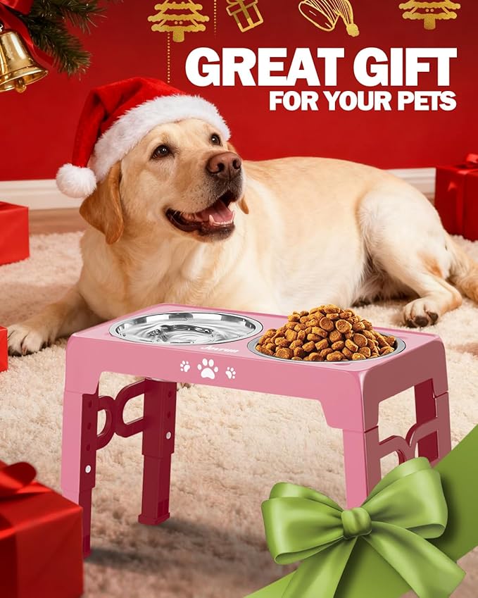 Elevated Dog Bowls for Medium Size Dogs, Non-Slip Dog Feeder with 1*Stainless Steel Dishes & 1*Slow Feeder Bowl, 5 Heights Adjustable Raised Bowls to 3.15″-8.66″-9.84″-11.02″-12.2″