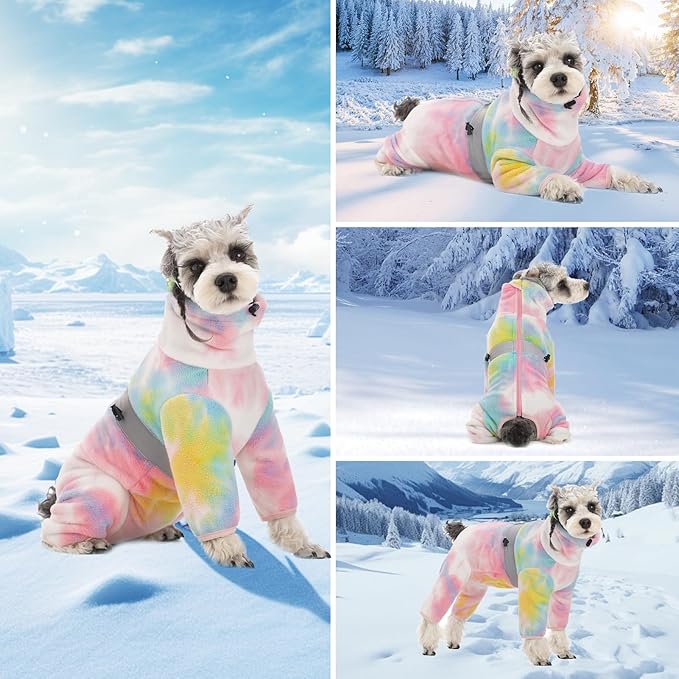 Dog Coats for Small Dogs, Polar Fleece Dog Pajamas Bodysuit, Puppy Onesies Tie Dye Jumpsuits, Dogs Warm Clothes Four-Legged, Doggie Fullbody Winter Jacket Vest