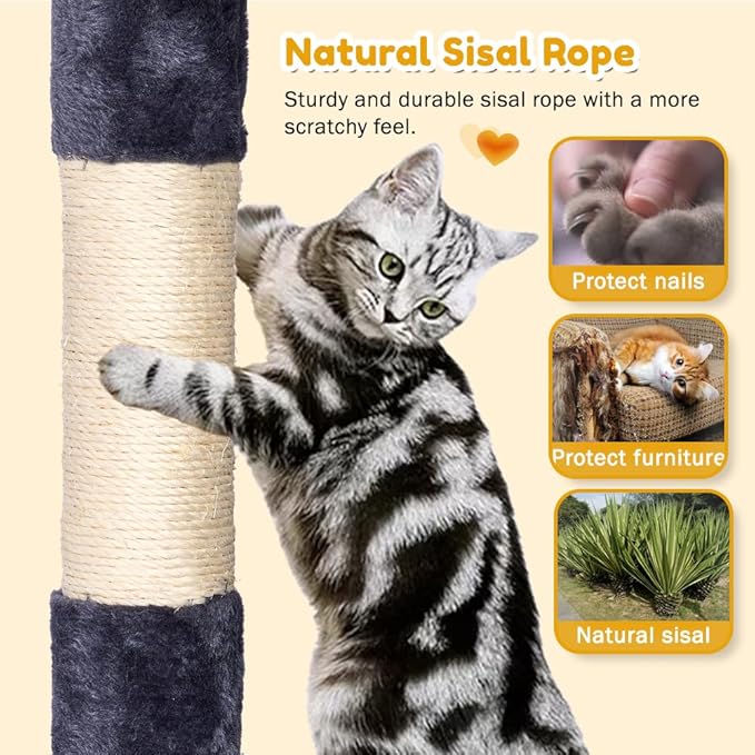 Heavy Duty Cat Tree,67in Multi-Layered Tall Cat Tower for Indoor Large Adult Cats,XL Compact Cat Stand with Hammock,Sisal Scratching Post,Removable Plush Perch,Condo,Dark Gray (Dark Gray)