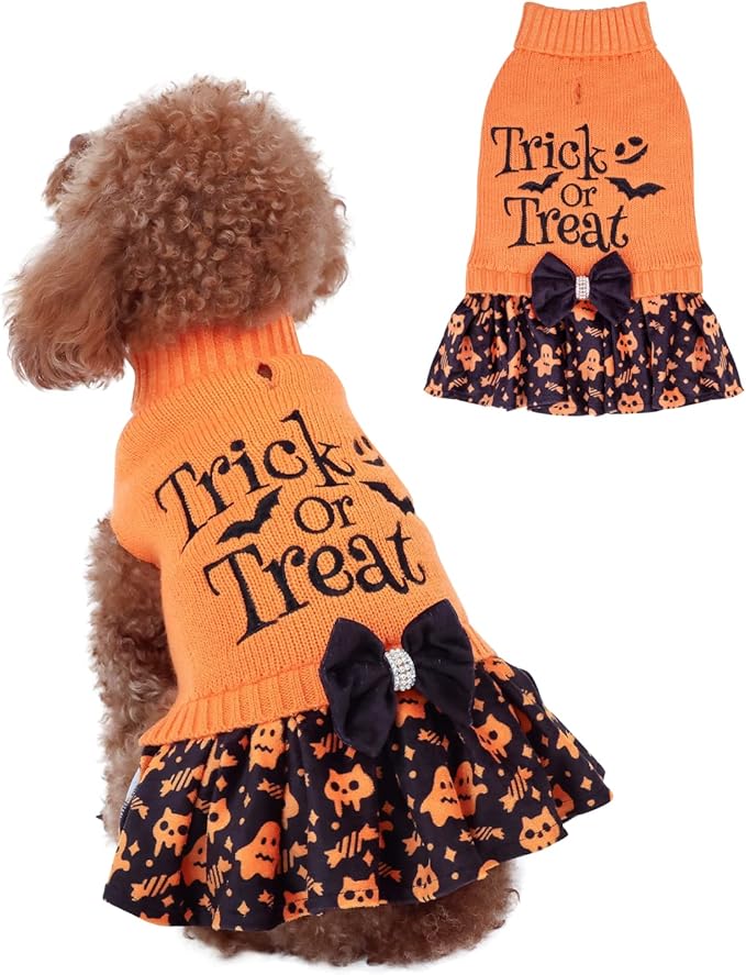 CuteBone Halloween Dog Sweater Dress Trick or Treat Knit Turtleneck Puppy Sweater with Bowtie Harness Hole Pullover Winter Dress for Small Medium Dogs and Cat Pet Apparel