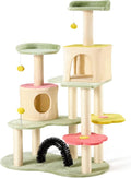 Flower Cat Tree Tower, 59 Inches Cute Cat Tree for Indoor Cats w/Sisal Covered Cat Scratching Posts Stand Cozy Condo, Sturdy Padded Top Perch and Bell Ball Colorful Cat Tree House for Indoor Cats