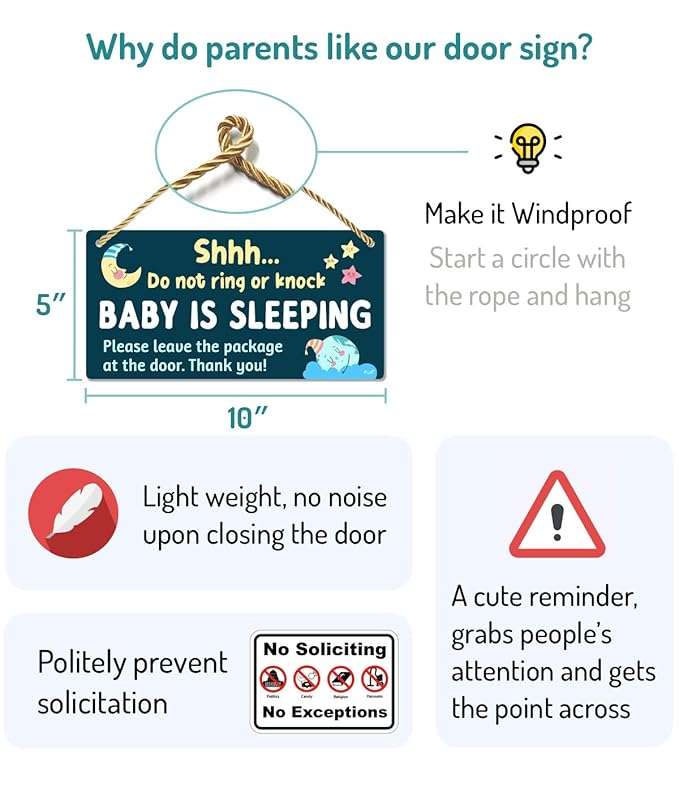 Funplus Baby Sleeping Sign for Front Door - Do Not Knock or Ring - 10″x5″ PVC Plastic Hanging Sign，Please do not knock or ring the bell, it upsets the dog, which upsets the baby, which upsets mom