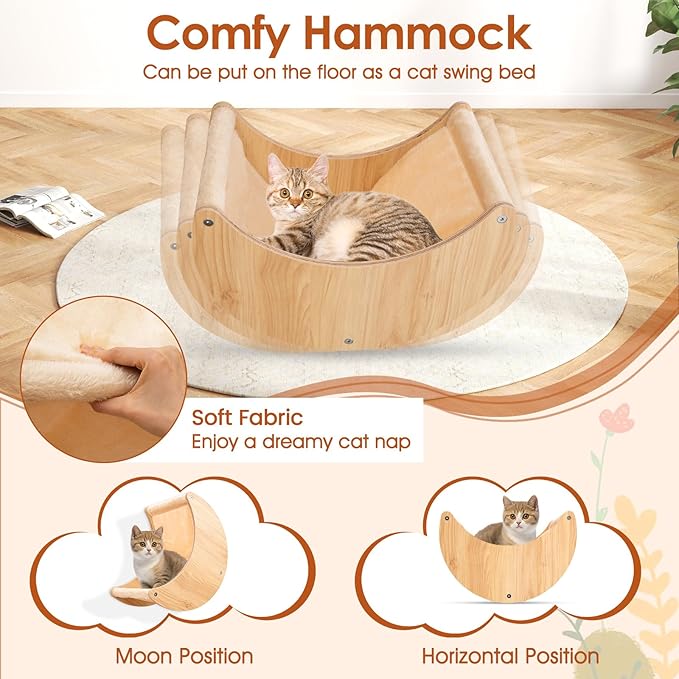Tangkula Cat Wall Shelves, 6 Pieces Wooden Wall Mounted Kitten Furniture Set with Hammock, Bridge, 2-Step Cat Tree, Platforms, Scratching Posts & Hanging Toy, Modern Cat Climber Steps