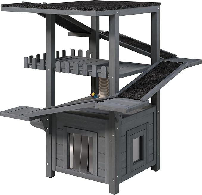 4-Tier Outdoor Cat House for Multiple Cats, Weatherproof Wood Catio Cat Tree Tower, Feral Cat Shelter Outside Enclosure with Balcony, Scratching Post, Ramps & Escape Flap Doors (Grey)