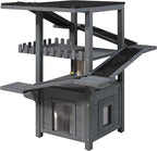 4-Tier Outdoor Cat House for Multiple Cats, Weatherproof Wood Catio Cat Tree Tower, Feral Cat Shelter Outside Enclosure with Balcony, Scratching Post, Ramps & Escape Flap Doors (Grey)