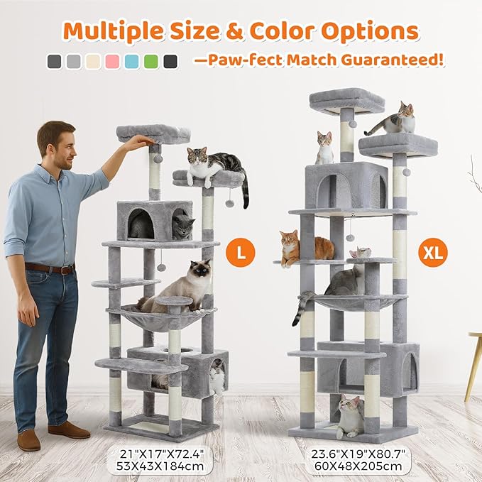 PAWZ Road Large 72 Inch Cat Tree and Tower for Indoor Cats - With Sisal-Covered Scratching Posts, Padded Perches, Condos, and Basket - Gray