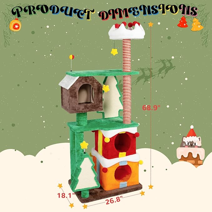 NUNU LAB 68.9'' Christmas Cat Tree Tower, Indoor Modern Cat Tower with Sisal Ramp Scratching Posts, Cozy Basket, Hammocks, Lage Cats Pet Activity Structure