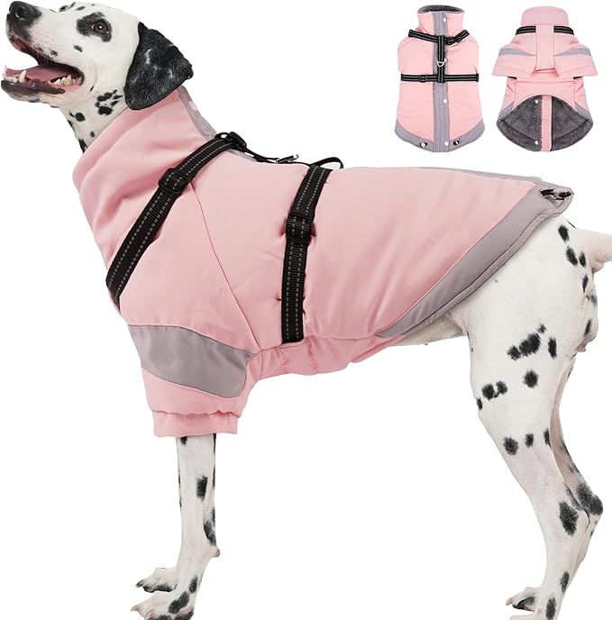 Turtleneck with Sleeves Dog Coats for Medium Dogs-L| Jackets with Reflective Harness Built in,Water-Repellent & Windproof Snowsuit,Soft Warm Lining for Beagle Cold Protection(Light Pink)