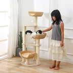 SHENGOCASE Modern Cat Tree Tower, Wooden Condo, 3 Large Rattan Wicker Basket Beds, Window Perch for Cats up to 20 lbs