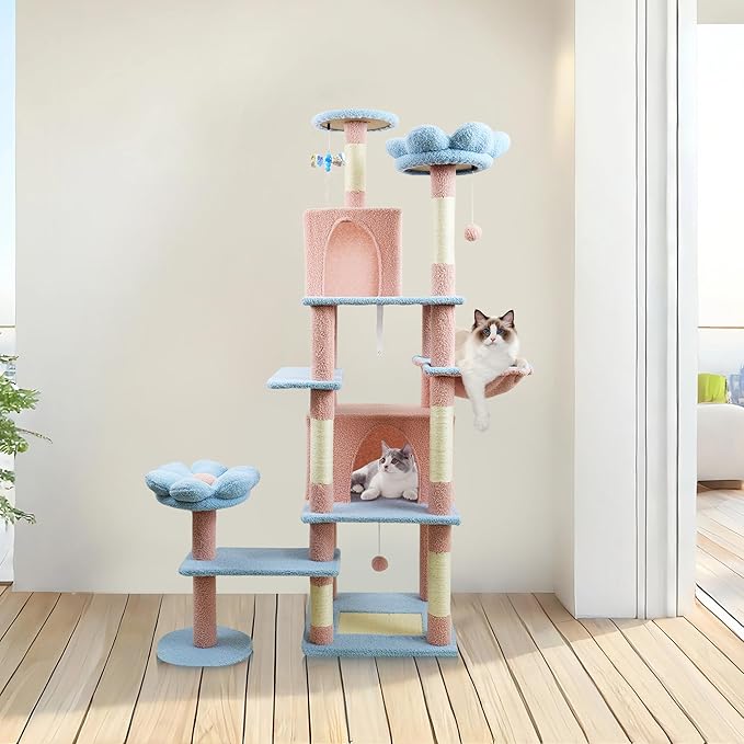 Adorable Flower Cat Tree Tower – Multi-Level Cat House with Cozy Condo, Scrat Ching Posts, Hammock & Play Perch for Indoor Cats, Large Top Perch, Hammock, Tall Pet Climbing Stand (Blue 71”)