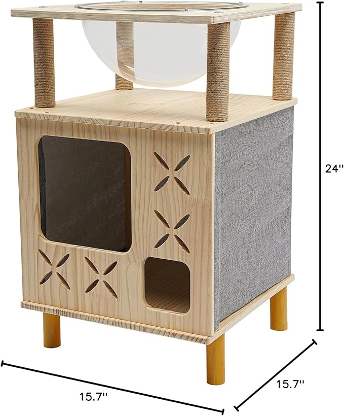 Modern Cat Tree with Ventilated Design & 360° View Capsule, 2-Story Cat Tower with Perch, Natural Wood Climber for Indoor Cats, Linen & Sturdy Build