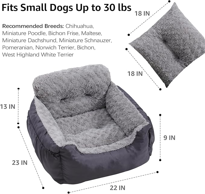 Dog Car Seat for Small Dogs, Washable Pet Booster Car Seats with Clip-On Safty Leash, Comfy Deluxe Plush Carseat with Storage Pockets, Puppy Travel Carrier Bed for Dogs Under 25 lbs, Grey