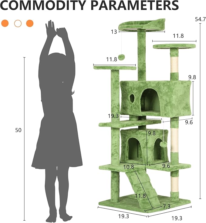 Heavy Duty Cat Tree,54 Inch Tall Cat Tower,2 Cozy Condos,Scratching Posts,Ladders & Sisal Pole,Multi-Level Perches Platforms for Indoor Cats,Sturdy Pet Climbing Furniture,Green
