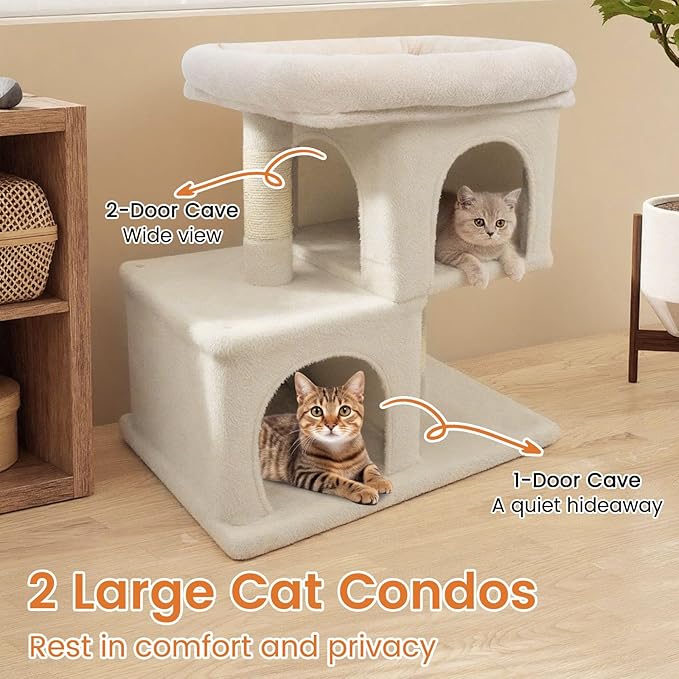 Tangkula Small Cat Tree for Indoor Cats, 25.5 Inch Cat Tower with Sisal Scratching Posts, 2 Large Cat Condos with Padded Top Perch, Modern Cat Climbing Furniture for Adult Cats & Kittens (Beige)