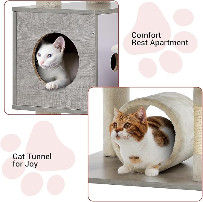 GarveeHome 67 in Cat Tree for Large Cats, Features Scratching Post, Cat Condo, Platforms, Tunnel, Hammock, Food Station & Bowls – Ideal for Indoor Cats, Retro Light Gray