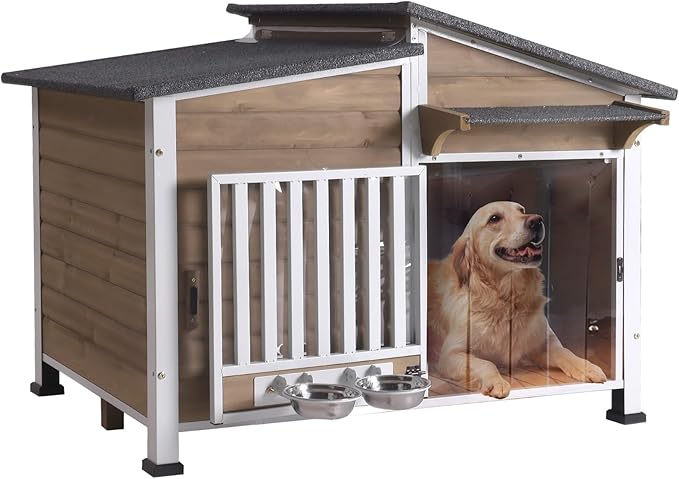 GUTINNEEN Dog House Outdoor or Indoor with Anti-Chewing Metal Frame, Dog Kennel with Bowls, Weatherproof Dog Shelter with Removable Floor, PVC Door Curtain for Small Medium Dogs (Light Brown)