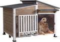 GUTINNEEN Dog House Outdoor or Indoor with Anti-Chewing Metal Frame, Dog Kennel with Bowls, Weatherproof Dog Shelter with Removable Floor, PVC Door Curtain for Small Medium Dogs (Light Brown)