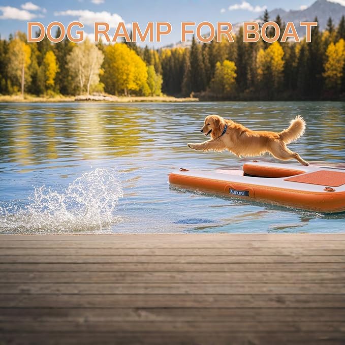 ALIFUN Inflatable Dog Ramp Floating Dock Water Raft Ladder for Pool, Boat, Non-Slip EVA Floating Ladder for Dog Up to 220 LBs Purple 140CM Length (Black-Orange, for Large Dogs Up to 230 lbs)