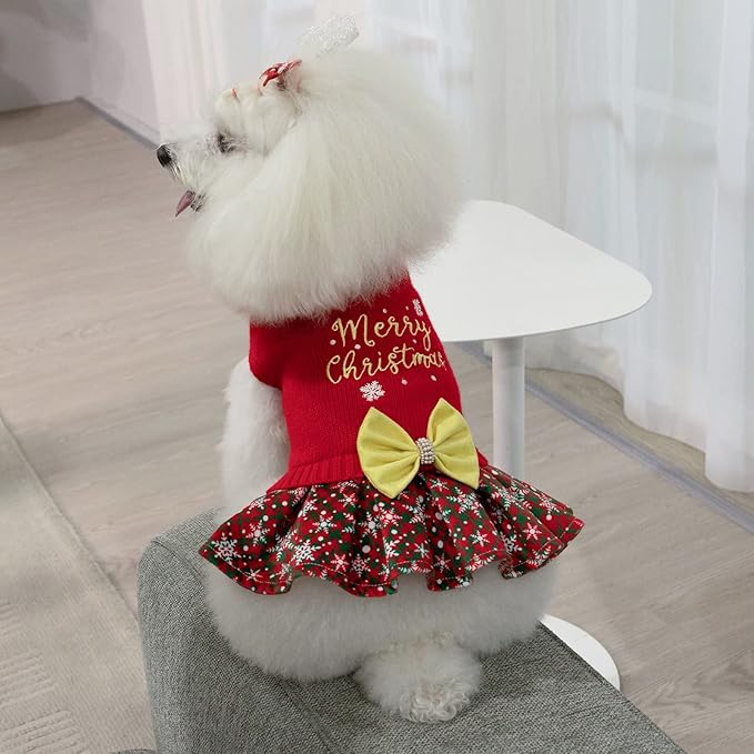 CuteBone Christmas Dog Sweater Dress Turtleneck Puppy Sweater with Bowtie Harness Hole Pullover Winter Dress for Medium Dogs DS53XXL