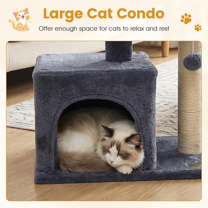 PETSITE 19.5-inch Small Cat Tree, with Sisal Scratching Post, Interactive Hanging Ball, Comfy Condo, and Spacious Top Perch, Ideal for Indoor Cats and Kittens (Dark Grey)