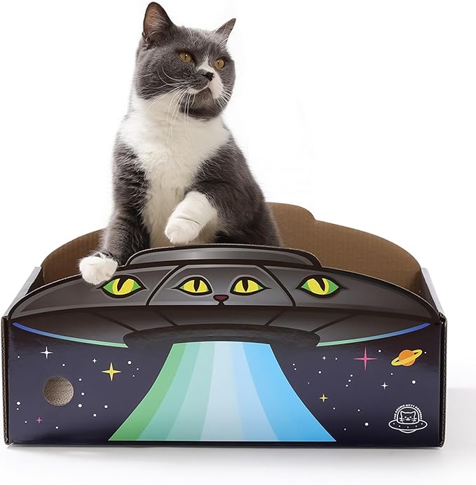 UFO Cat Scratcher Box for Indoor Cats, Extra Large 20" Cardboard Scratcher House with Reversible Pad, Enclosed Cat Lounge for Large Cats, 20 x 12 x 6 in