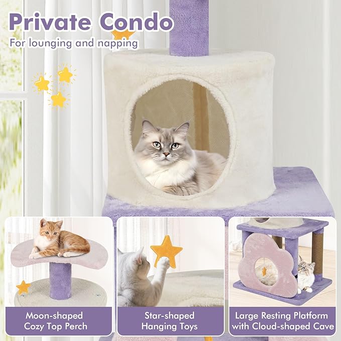 Tangkula Cute Cat Tree, 31.5 Inch Multi-Level Cat Tower with Jute Scratching Posts, Condo, Top Perch, Hanging Toy, Moon & Star & Cloud-Shaped Accents for Indoor Cats (Purple+Pink+White)