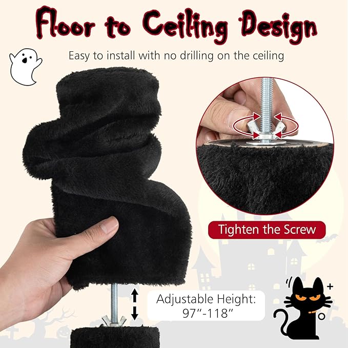 PETSITE Gothic Floor to Ceiling Cat Tree, 97-118 Inches Height Adjustable Goth Ceiling Cat Tower with Sisal Scratching Posts, Condo, Side Basket Bed, Dangling Toy, and Multiple Jumping Platforms