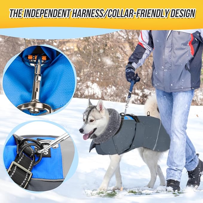 SlowTon Dog Winter Coat, Windproof 3 Layers Thick Warm Fleece Lining Dog Jacket for Cold Weather, Reflective Dogs Apparel with Leash Opening for Medium Large Dogs(Blue,2XL)