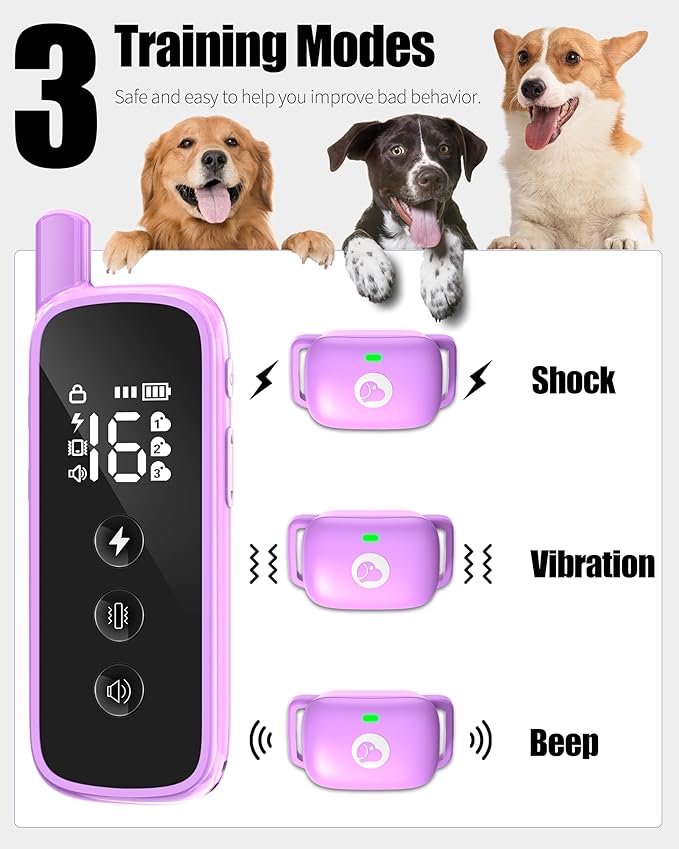Dog Shock Collar with Remote Control - Rechargeable Training Collar for Dogs, Beep/Vibration/Shock, Security Lock, 2600FT Range IP68 Waterproof Electric Collar for 10-120lbs All Breeds, Purple