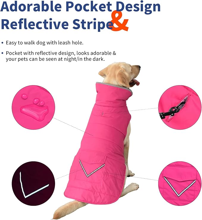 Dog Coat, Waterproof Dog Winter Jacket with Pocket, Reflective Adjustable Pet Snow Vest, Warm Cozy Fleece Sweater for Small Medium Extra Large Dogs - Pink, XS