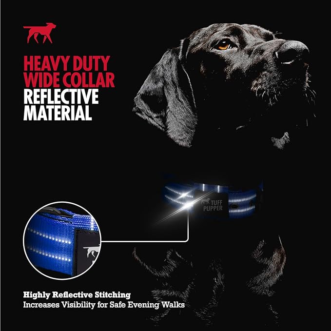 Tuff Pupper Heavy Duty Tactical Dog Collar | 1.5" Wide Ballistic Nylon | Reflective Stitching | Integrated ID Tag Holder | Stainless Steel Buckle | Padded Lining | Medium & Large Dogs (Blue, Large)