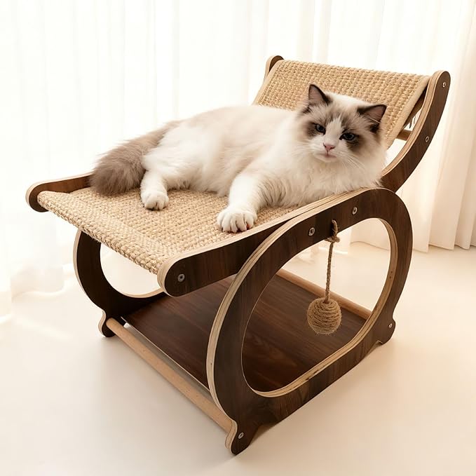 Sisal Cat Scratcher Chair, Elevated Cat Lounge Beds for Indoor Cats, Wooden Pet Hammock Couch for Scratching, Walnut