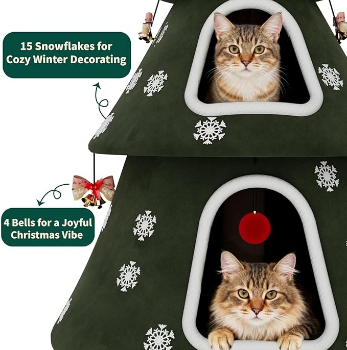 53" Large Christmas Cat Tree Tower: Indoor Green Heavy Duty Cat Condo House with Scratching Post & Toys for Xmas Decorations
