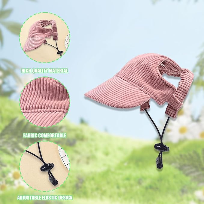 Dog Baseball Cap, Dog Cat Summer Beach Visor Hat with Ear Holes, Adjustable Puppy Sunbonnet Headdress (Pink, Medium)