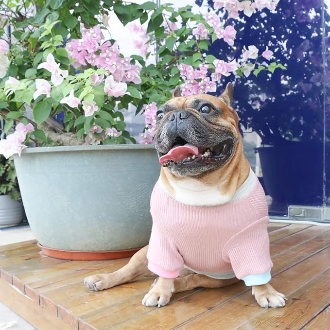 iChoue Pet Dog Crewneck Sweater Color Block Pullover Winter Warm Clothes for English Bulldog Bully Pitbull - Pink and Grey/XXLarge