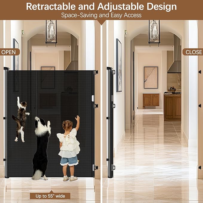 Reinforced 55" Extra Tall Pet Gate for Doorway - No Jumping Over, 55" Wide Retractable Baby Gates with Support Rods - No Crawling Under, Climb Proof Cat Gate for Stairs Tall Retractable Dog Gate/Black