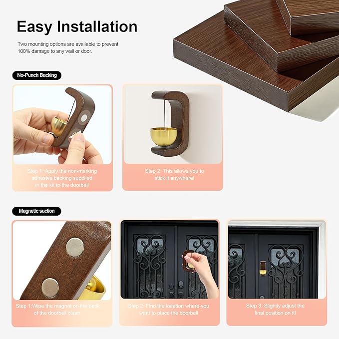 Magnetic Door Chime 2-Pack - Wooden Wind Chime Bells for Door Opening, Wireless Adhesive Entry Alert with Soft Chime for Home, Office, Shop, Pet Doors(Black Walnut)