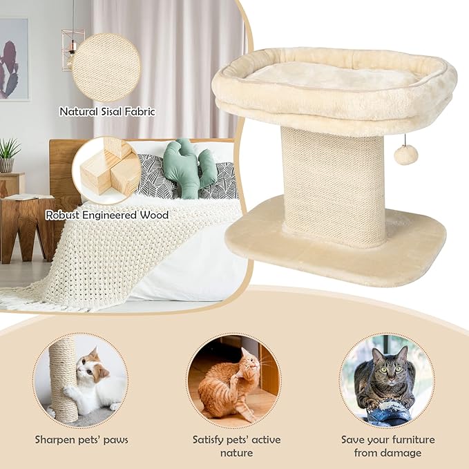 PETSITE 19.5-inch Small Cat Tree, 2-Tier Minimalist Cat Tree with Sisal Scratching Post, Extra Large Comfy Top Perch, and Dangling Ball, Ideal for Indoor Cats, Supports up to 44 lbs, Beige