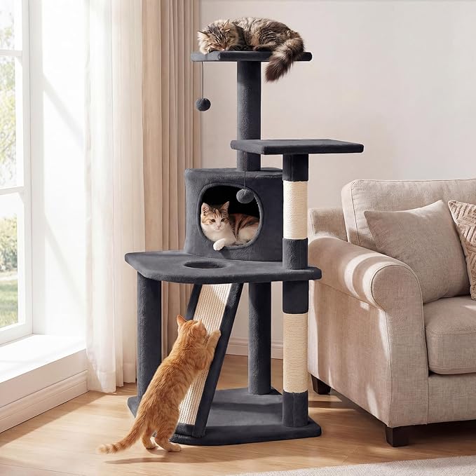 PETSITE 44-inch Multi-Level Cat Tree, Modern Cat Tower with Sisal Scratching Posts, Cozy Condo, Playful Cat Hole, Sisal Covered Ladder, and Dangling Ball, Ideal for Indoor Cats and Kittens (Dark Grey)