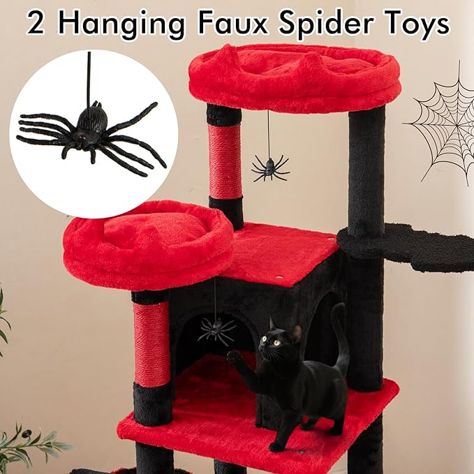 PETSITE 62-inch Gothic Cat Tree, Multi-Level Goth Coffin Cat Tree Tower with Sisal Scratching Posts, Board and Ladder, Basket, Condos, and Hanging Spider Toys, Ideal for Indoor Cats, Black & Red