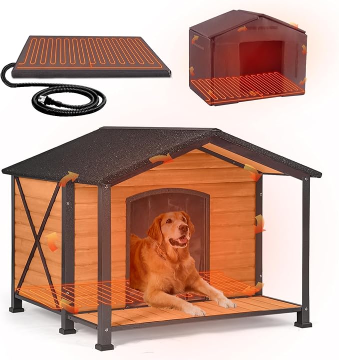 GUTINNEEN Extra Large Heated Dog House for Outside XL Insulated Dog House Outdoor Weatherproof Dog Kennel with Thermostat-Controlled Heating Pad, Thermal Liner, Chew-Proof Metal Frame for Large Breeds