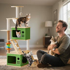 Large Cat Tree,137 Tall Wooden Cat Tower with 2 Spacious Caves,Transparent Space Capsule,8 Fully Scratching Posts and Natural Wood Posts, Kitty Condo with Multi-Layer Platform