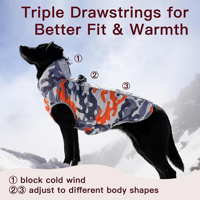 Medium Dog Coat Dog Winter Jacket Warm Dog Coat with Harness Reflective Dog Snow Jacket Water-Resistant Dog Vest Zip Up Snowsuitfor Medium Dogs Jack Russell, Mini Schnauzer Orange-Camouflage