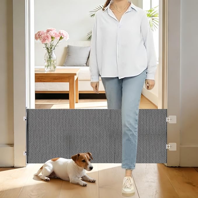 17" Step Over Retractable Dog Gate, No-Drill Pet Barrier for Doorways & Stairs, Easy Human Access & Pet Containment, Adjustable Small Dog Gate for Indoor Use