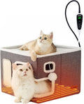 Heated Cat House for Indoor Cats - Cat Warming Bed for Winter with Fluffy Ball Hanging and Adjustable Heating Pad, Foldable Cat Hideaway,16.5x16.5x13 inches, Grey