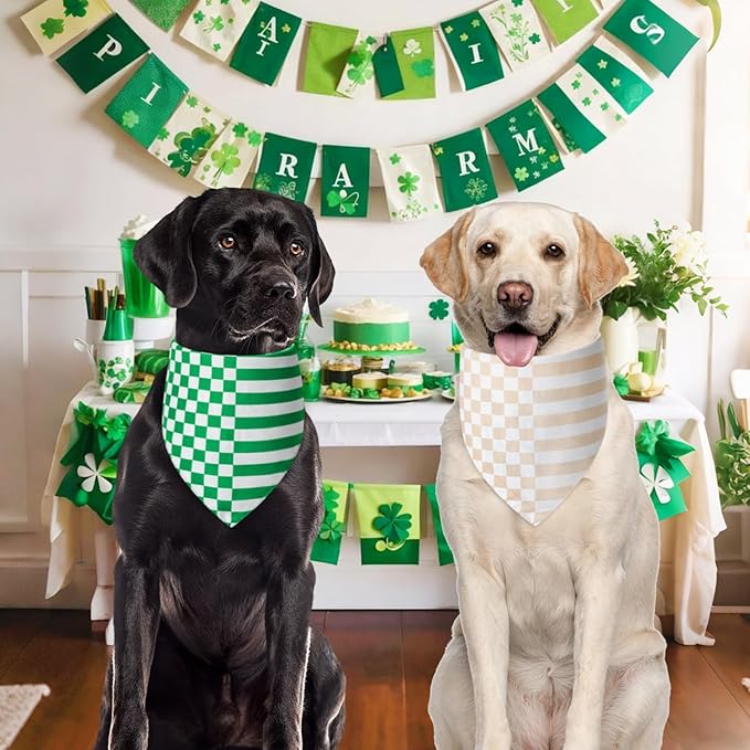 St. Patrick's Day Dog Bandanas Large 2PCS, 4 Pattern Green Scarf for Boy and Girl, Triangle Reversible Bibs Breed for Puppy Pets