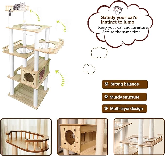 73-Inch Cat Tower for Multiple Cats, Cat Tower for Large Cats, Slim, Stable, Freestanding, Popular,Prevents Cats from Falling, Space Saving, Wooden Cat Tree. 20lb (8782)