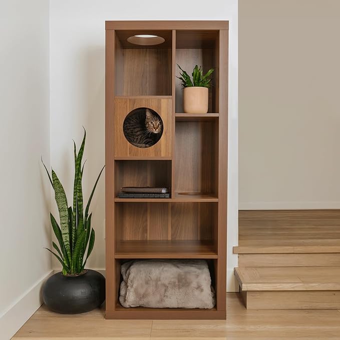 4 Cats & Dogs Cliff Jr. Cat Tree Bookshelf – Stylish Multi-Level Cat Climbing & Hiding Shelf, Space-Saving Bookshelf with 7 Levels, Wall-Mounted Secure Cat Furniture, Walnut (58.5" x 23.75" x 15.5")